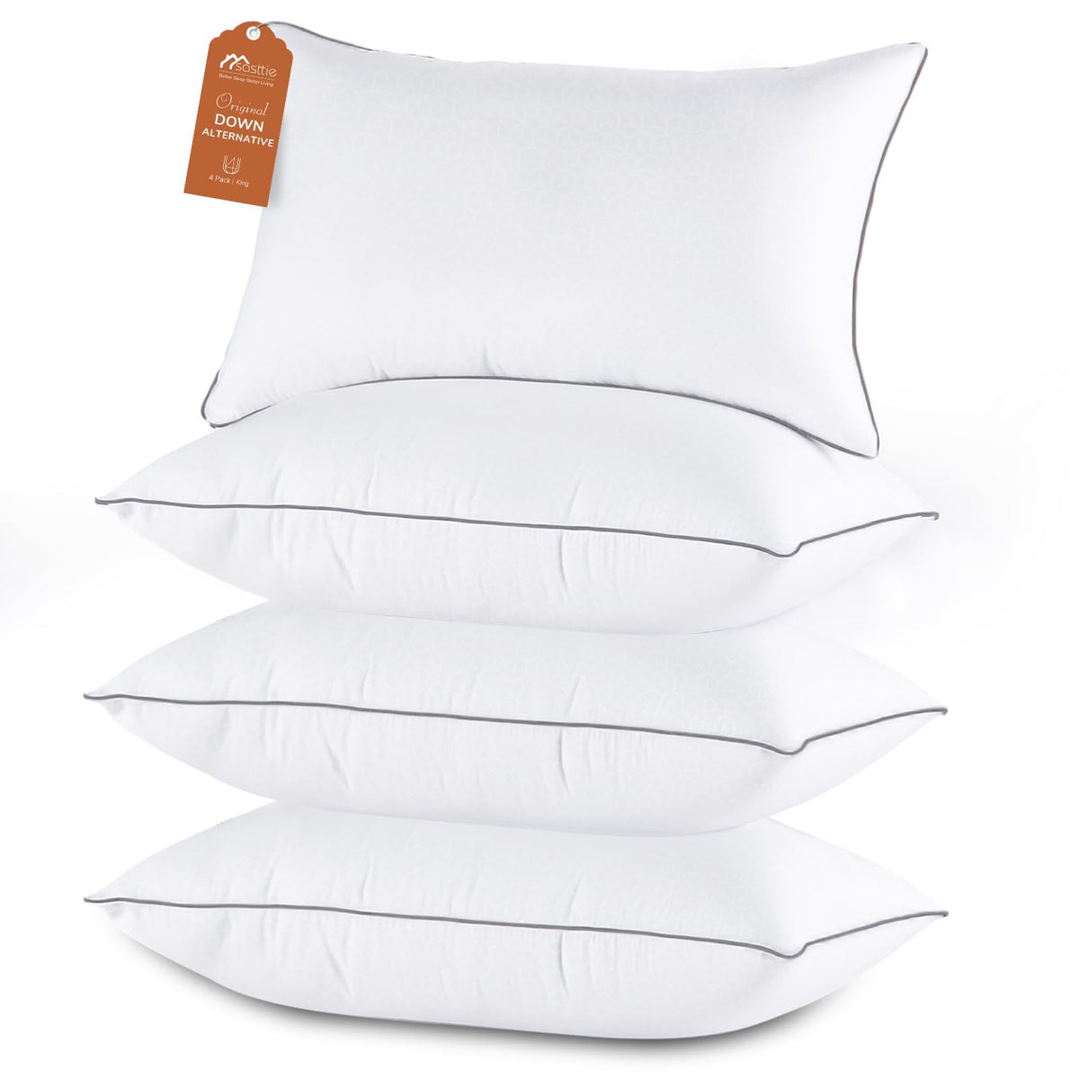 Sasttie King Size Pillows Set Of 4, Hotel Collection Bed Pillows For Side, Back, And Stomach Sleepers - Down Alternative Plump F
