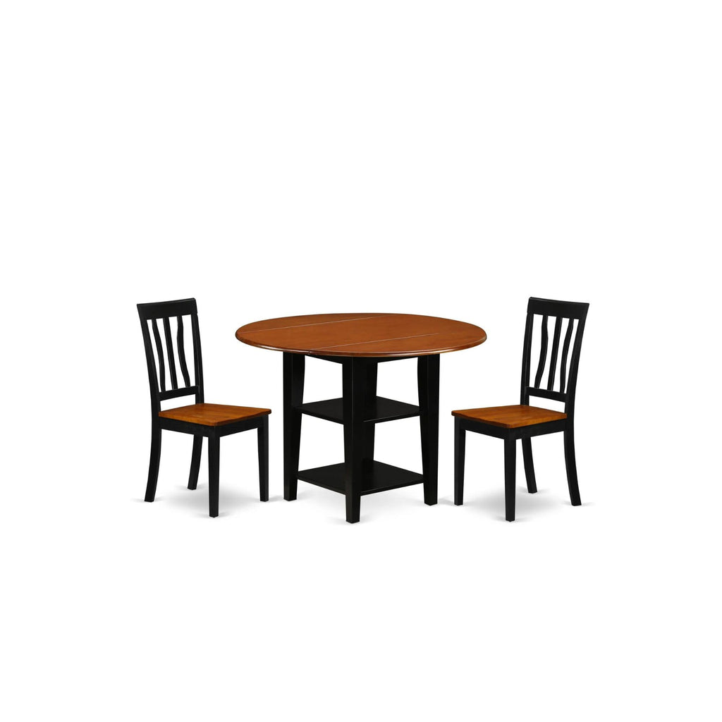 East West Furniture Suan3-Bch-W 3 Piece Dining Room Table Set Contains A Round Dining Table With Dropleaf & Shelves And 2 Wood Seat Chairs, 42X42 Inch, Black & Cherry