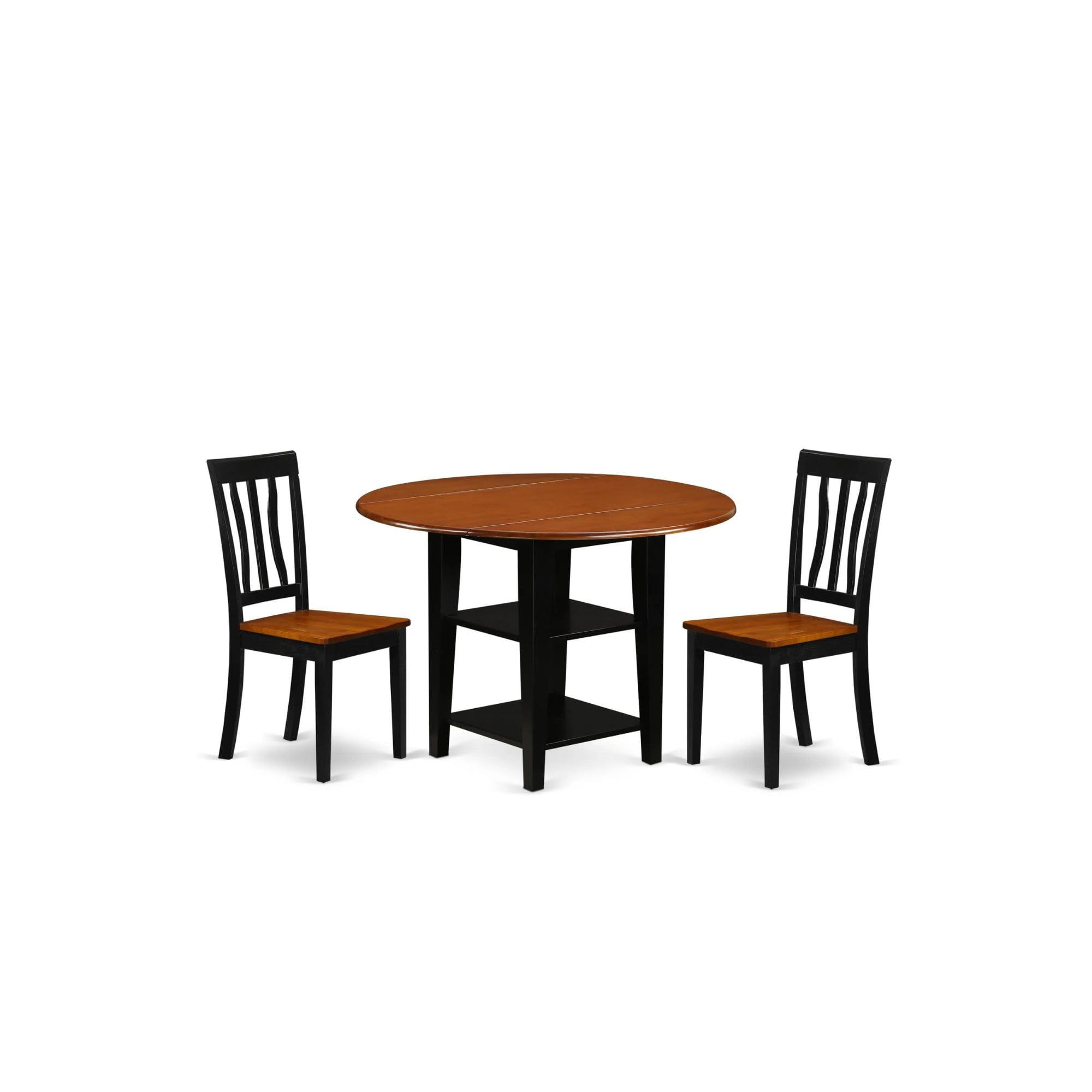 East West Furniture Suan3-Bch-W 3 Piece Dining Room Table Set Contains A Round Dining Table With Dropleaf & Shelves And 2 Wood Seat Chairs, 42X42 Inch, Black & Cherry