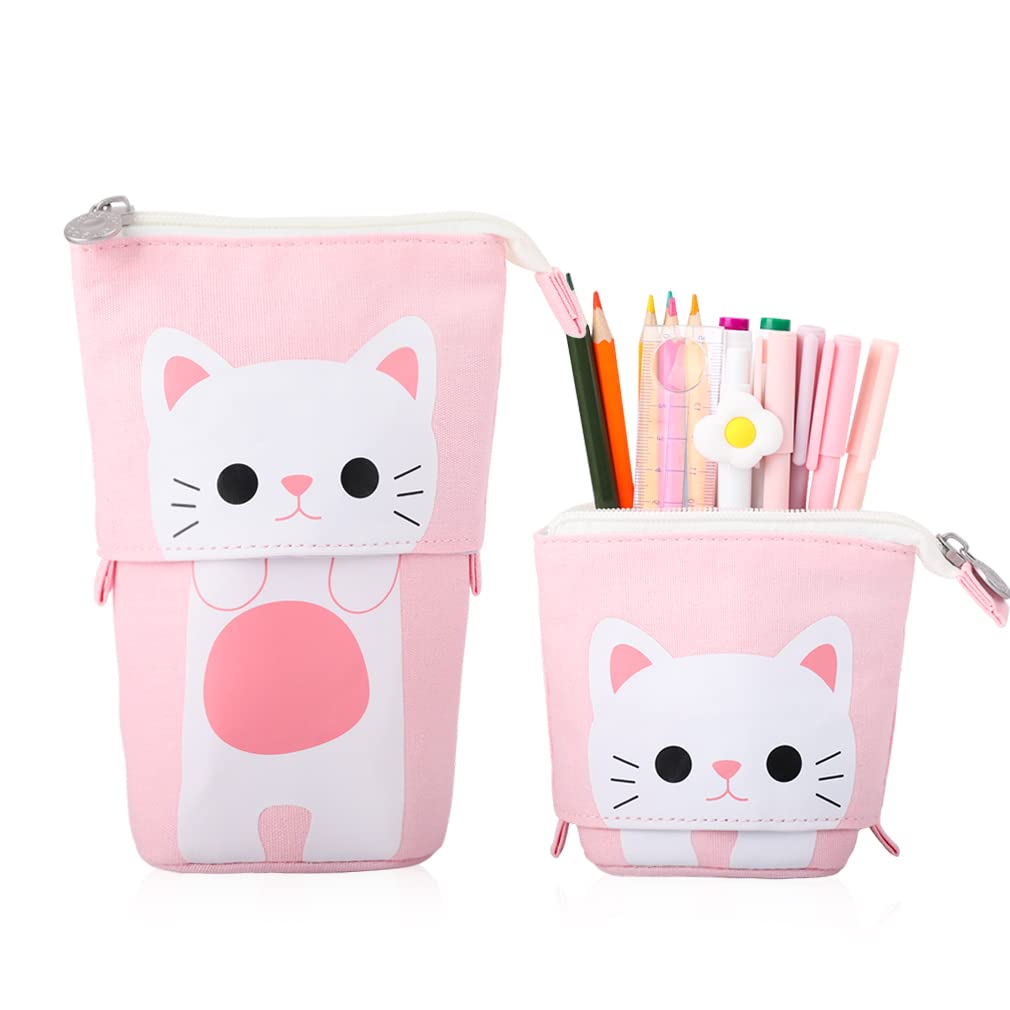 Isuperb Transformer Stand Store Pencil Pouch/Case Canvas+Pu Cartoon Cute Cat Telescopic Pencil Bag Stationery Box Case With Zipp