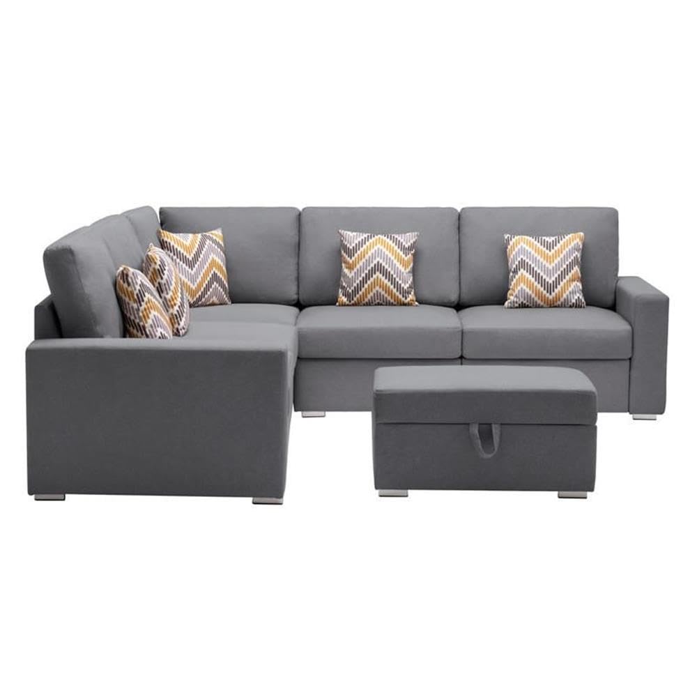 Lilola Home Nolan Gray Linen Fabric 6Pc Reversible Sectional Sofa with Pillows, Storage Ottoman, and Interchangeable Legs