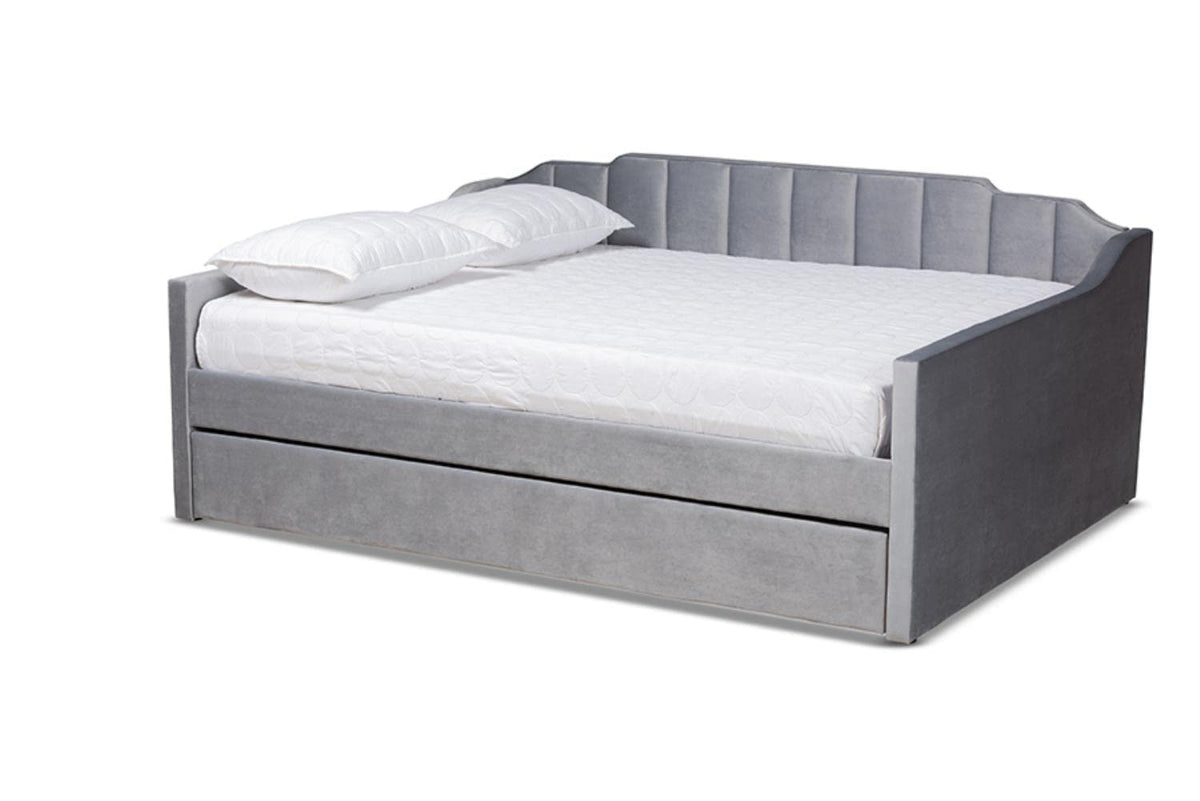 Baxton Studio Lennon Modern and Contemporary Grey Velvet Fabric Upholstered Queen Size Daybed with Trundle