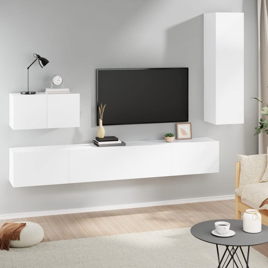 vidaXL TV Cabinet Set 4 Piece Home Indoor Entertainment Center Console HiFi Cabinet TV Stand Media Unit Furniture White Engineered Wood