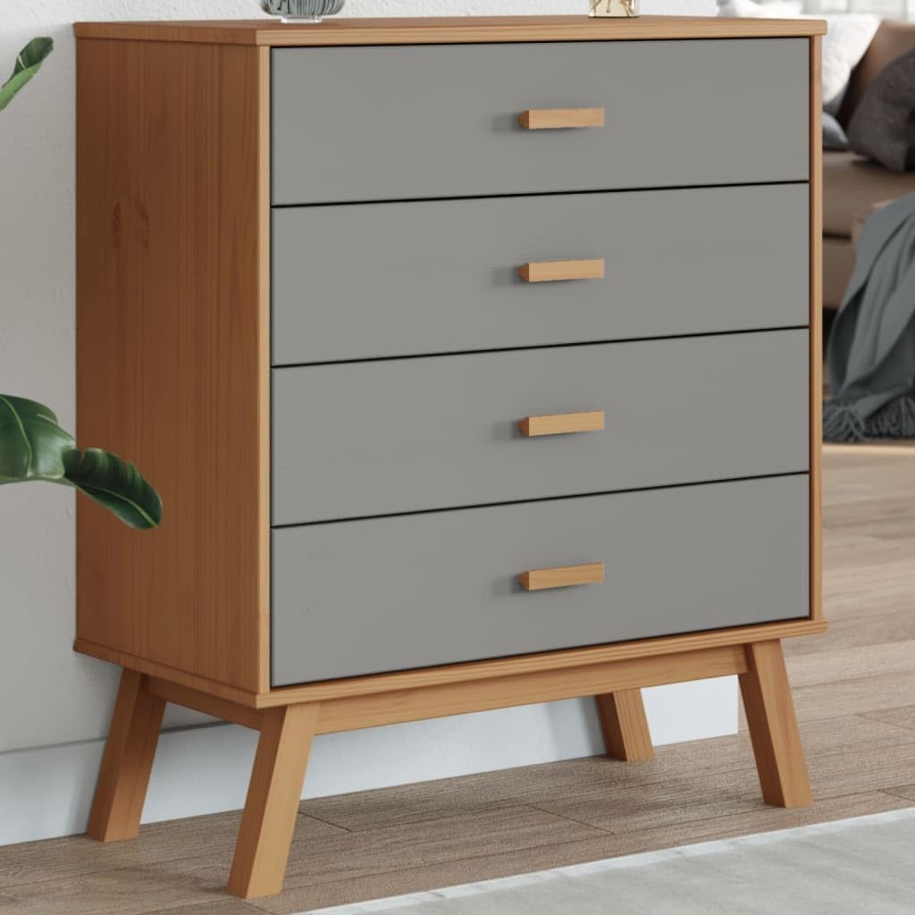 vidaXL Olden Wooden Drawer Cabinet - Solid Pine Wood Storage Chest with 4 Drawers in Gray/Brown, Scandinavian Sideboard for Bedroom/Living Room