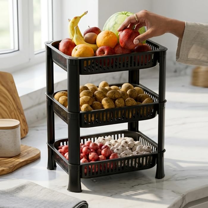 Luxart 3Layer Kitchen Storage Rack | Multipurpose Vegetable Stand And Fruit Basket Trolley | SpaceSaving Plastic Storage Baske
