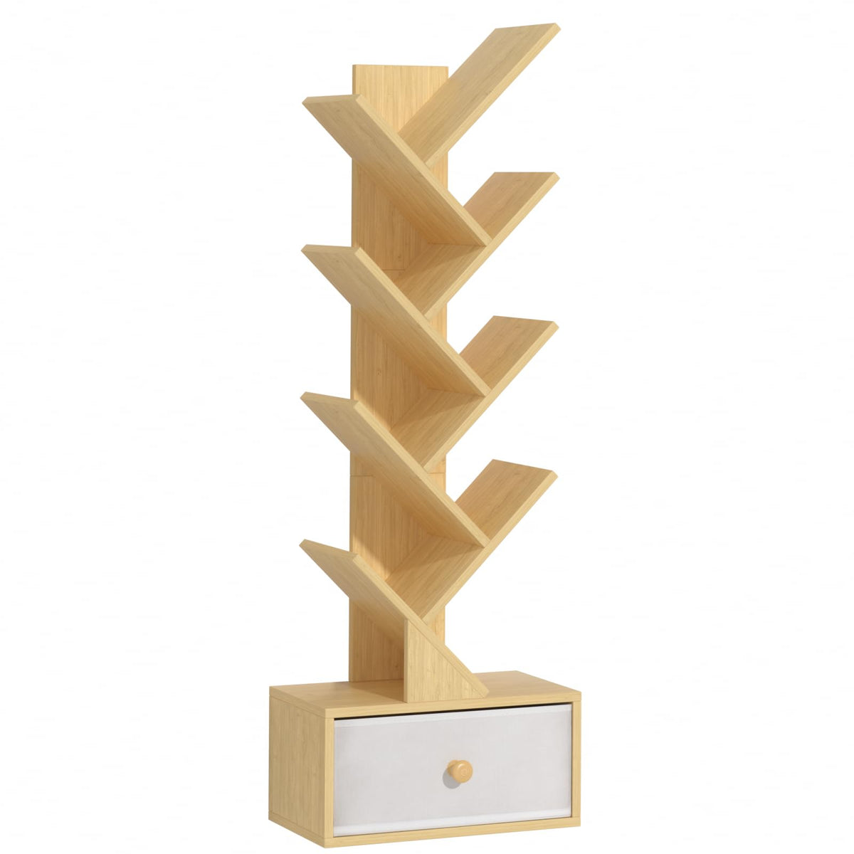 Sheepam 8 Tier Tree Bookshelf With Drawer, Free Standing Wood Bookcase For Narrow Space, Storage Organizer Bookshelves For Books, Book Case For Home Office, Living Room, Bedroom - Natural