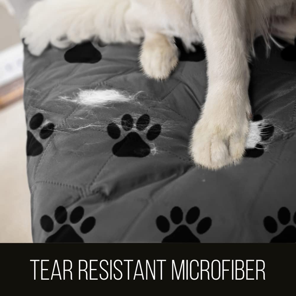 Sofa Shield Couch Slip Cover With Patented Strap, Cushion Protector, Reversible Stain And Dog Tear Resistant Slipcover, Quilted Microfiber 78” Seat, Washable Covers For Dogs Pets Kids, Paw Gray Black