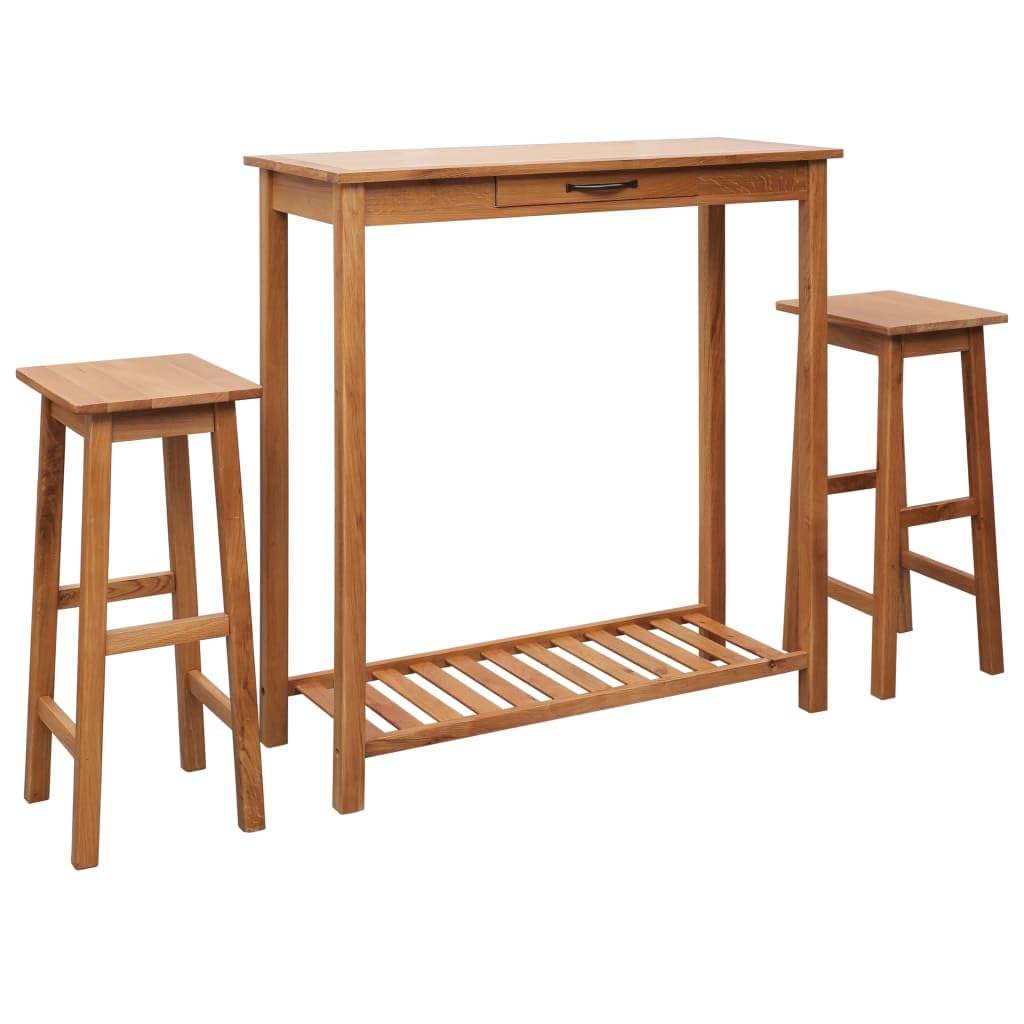 vidaXL 3-Piece Bar Set – Solid Oak Wood, Natural Finish, Dining Set with Drawer Storage, Breakfast/Bistro/Pub Table with 2 Chairs - Farmhouse Style, Brown