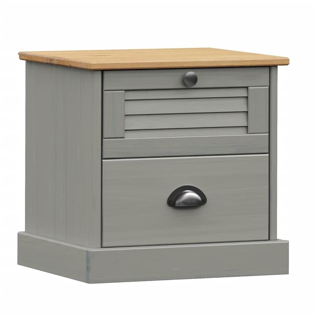 vidaXL Bedside Cabinet End Table-VIGO Gray, Solid Pine Wood with Storage Drawers, Metal Knobs, Easy Clean for Bedroom Living Room Furniture