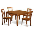 East West Furniture PFML5-SBR-W 5 Piece Dining Table Set for 4 Includes a Square Kitchen Table with Butterfly Leaf and 4 Dining Room Chairs, 54x54 Inch, Saddle Brown