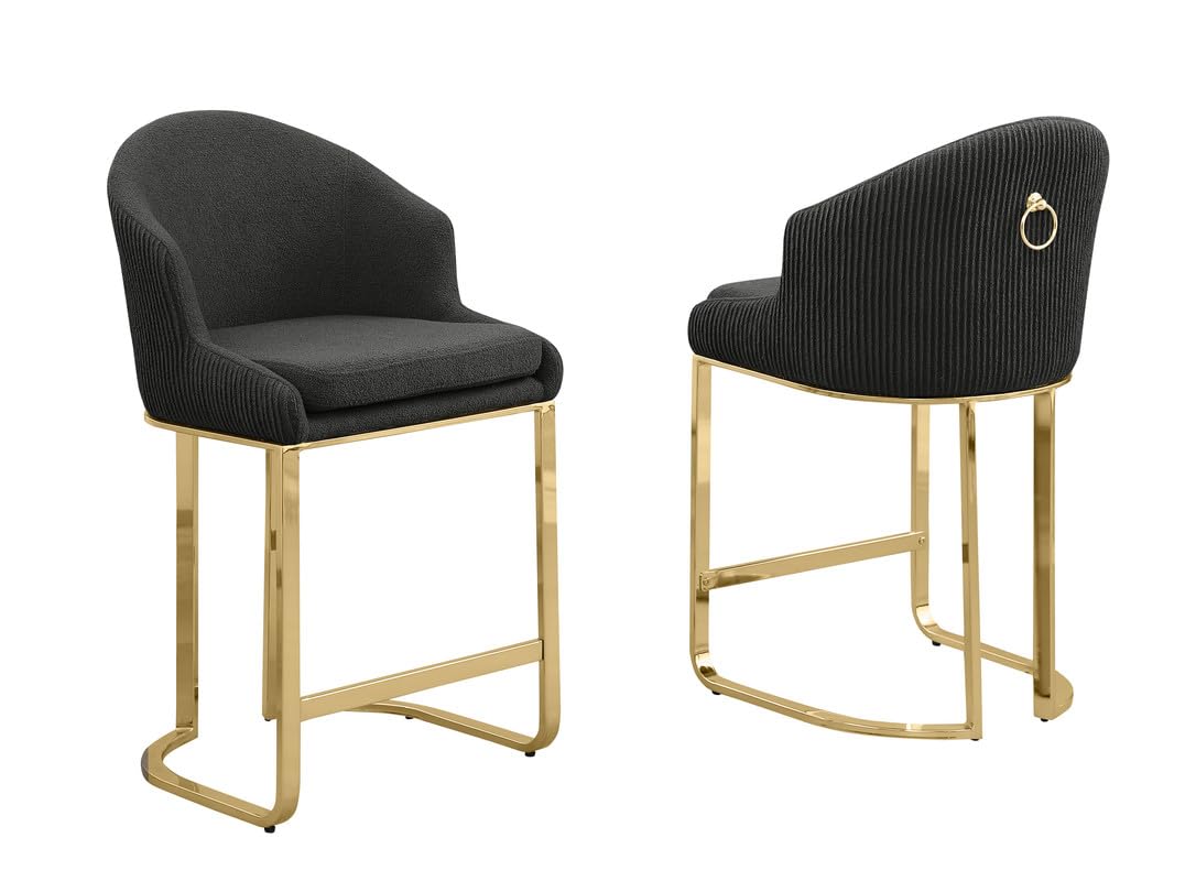 Modern Teddy Fabric Bar Stool With Gold Chrome Iron Base - Black - Stylish Upholstered Dining Or Accent Chair With Ribbed Backrest And Ring Handle - Perfect For Living Room, Dining Room, Or Office