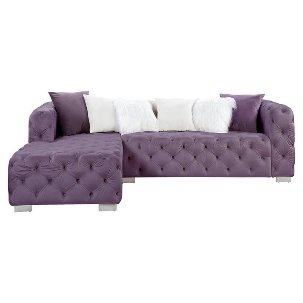Acme Qokmis Tufted Upholstered Sectional Sofa with 6 Pillows in Purple Velvet