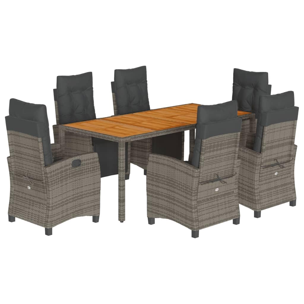 vidaXL 7 Piece Patio Dining Set with Gray Cushions - PE Rattan Furniture for Garden, Backyard, Patio - Adjustable Chairs with Acacia Wood Table