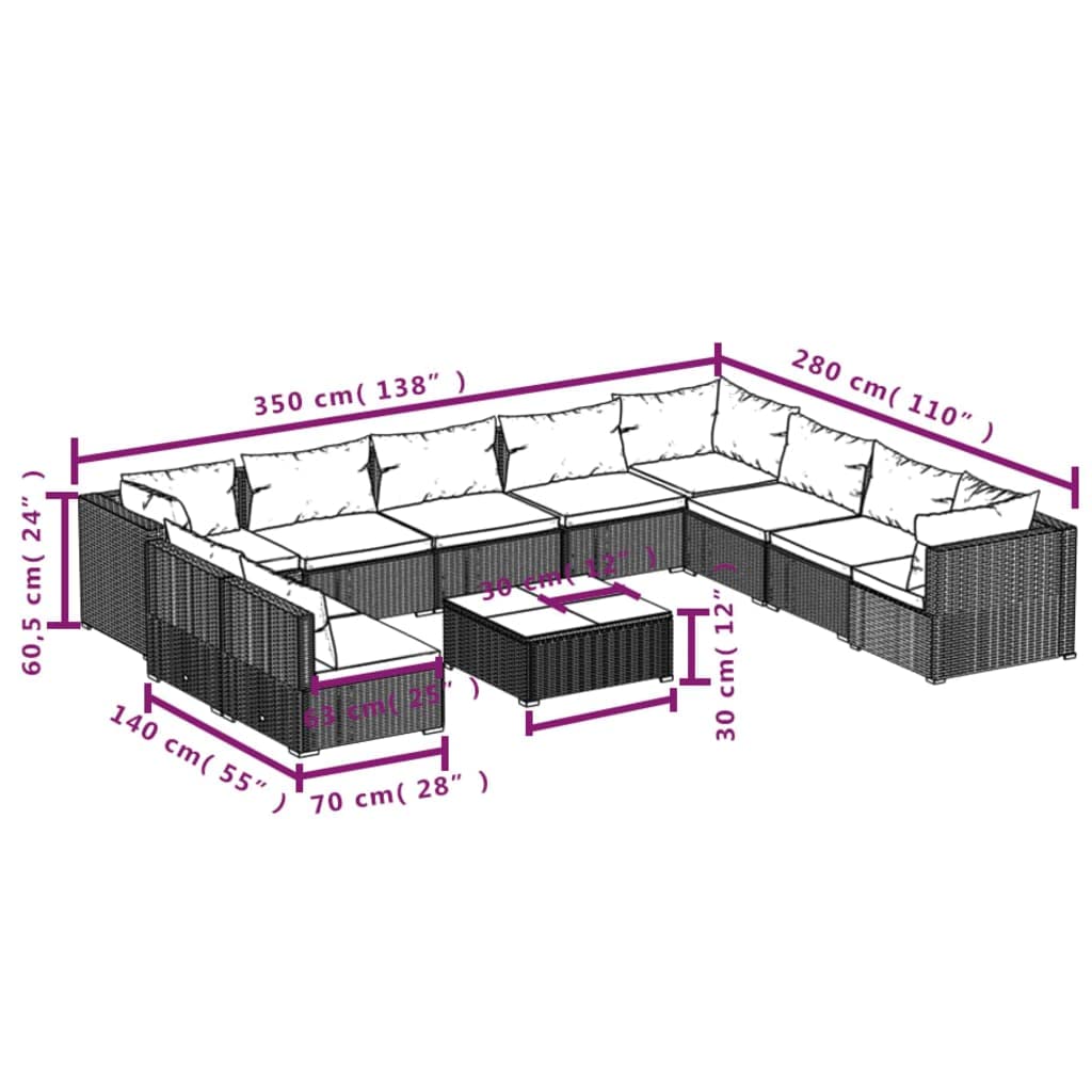 vidaXL Garden Sofa Set - 11 Piece Patio Lounge Outdoor Furniture with Cushions - Poly Rattan -Water-Resistant - Black and Water Blue