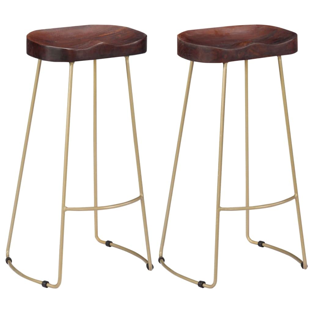 vidaXL Solid Mango Wood Gavin Bar Stools - Durable, Retro Design, Handmade, Comfortable Seat with Brass Powder-Coated Iron Base, Walnut Brown, Includes 2 Stools.