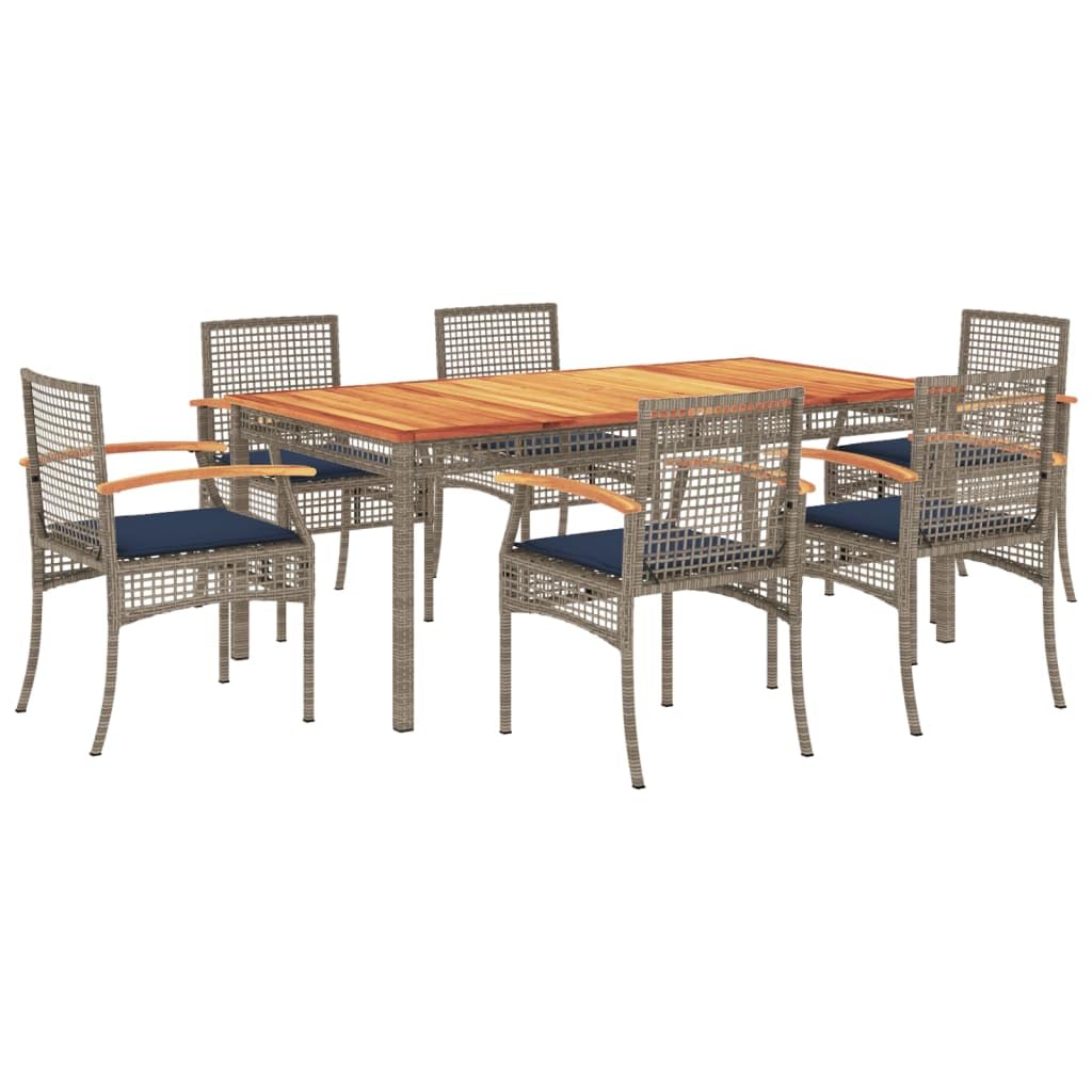 vidaXL 7-Piece Patio Dining Set - PE Rattan, Cushions, and Acacia Wood Table - Outdoor Furniture for Garden, Backyard, Patio - Gray/Navy Blue