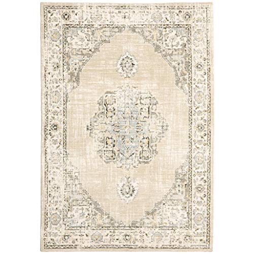 HomeRoots Nylon, Polypropylene 5'x8' Beige and Ivory Center Jewel Area Rug