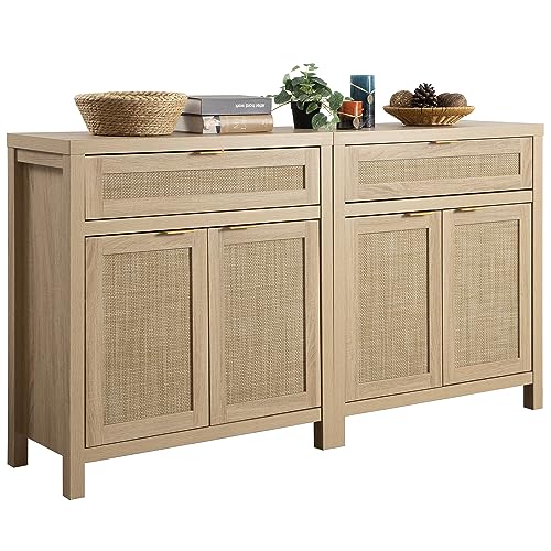 Sicotas Sideboard Buffet Storage Cabinet Set Of 2, Rattan Credenza Buffet Table, Boho Console Accent Cabinet With Doors And Drawer, Coffee Bar Cabinet For Kitchen Entryway Living Room, Natural