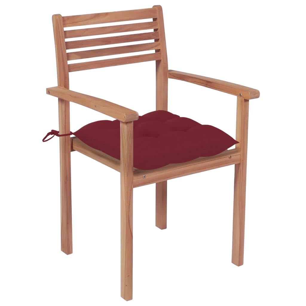 Vidaxl Solid Teak Wood Patio Chairs - Set Of 2 With Wine Red Cushions, Suited For Homes, Offices, Bars, Cafes - Stylish, Sturdy & Stackable