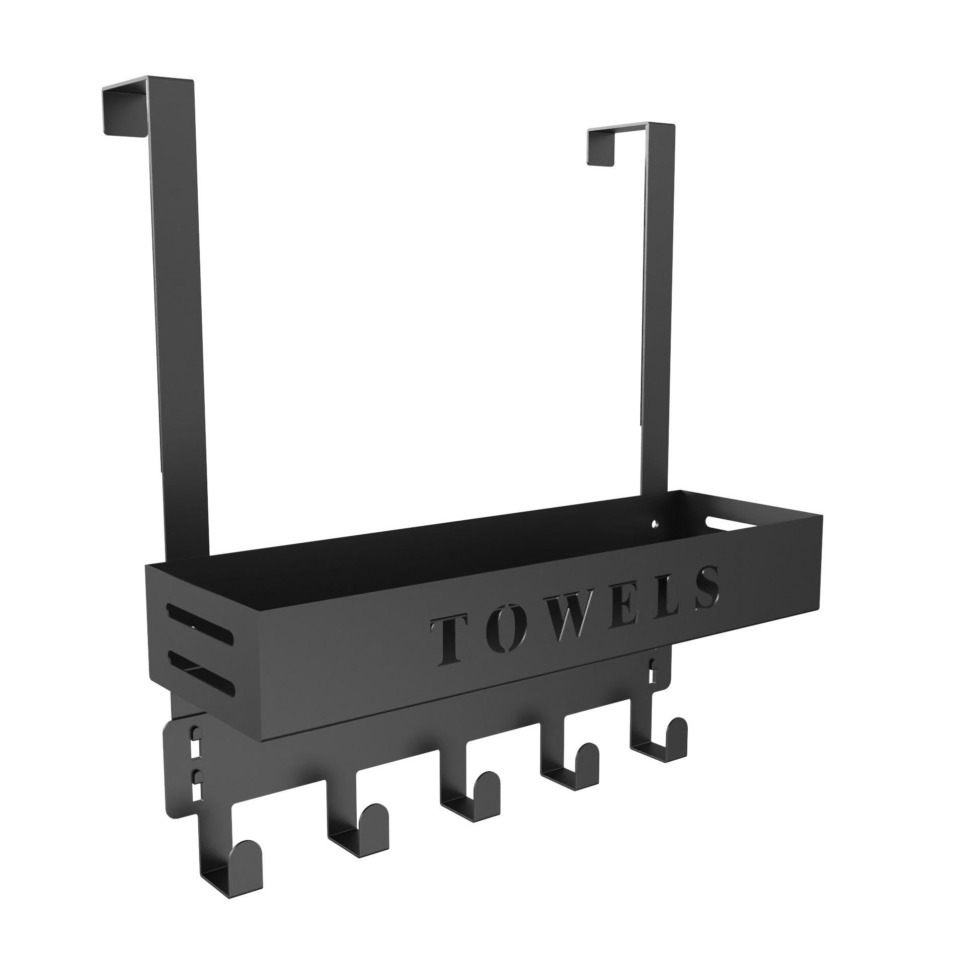 Over The Door Rack, Towel Hooks for Bathroom,Towel Hanger with Tray and 5 Hooks for Bedroom Kitchen(Black)
