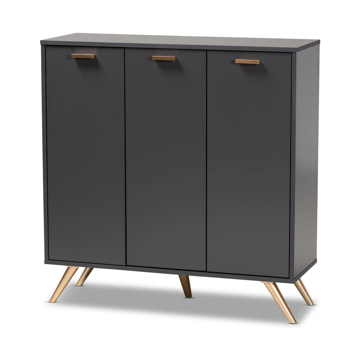 Baxton Studio Kelson Modern and Contemporary Dark Grey and Gold Finished Wood 3-Door Shoe Cabinet, Dark GreyGold