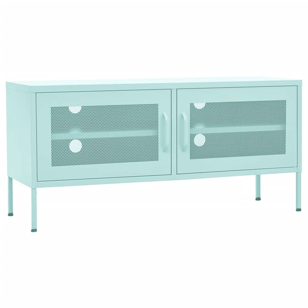 vidaXL Industrial Steel TV Stand/Cabinet in Mint Green - Durable, Practical Design, 41.3x13.8x19.7 inches, Mesh Doors, Internal Shelf, Cable Management System, Height Adjustable