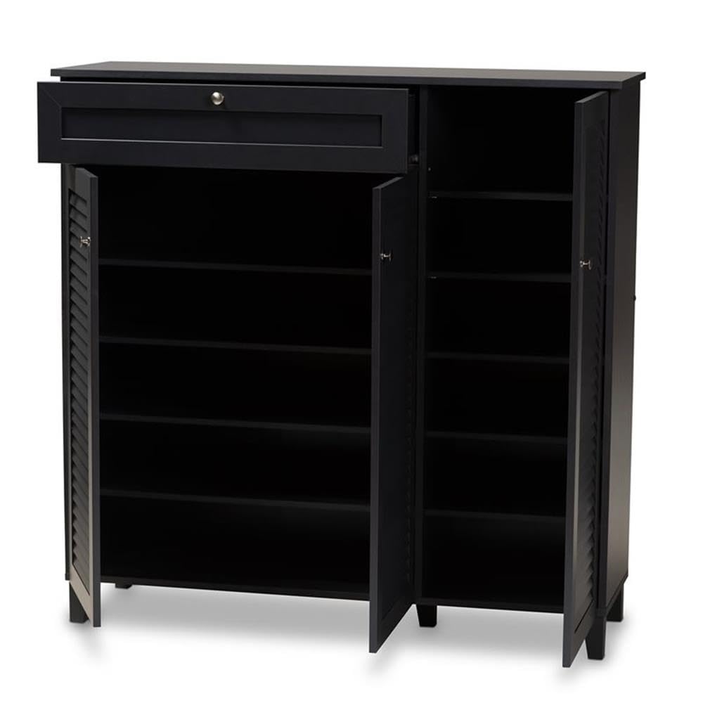 Baxton Studio Coolidge Modern and Contemporary Dark Grey Finished 11-Shelf Wood Shoe Storage Cabinet with Drawer