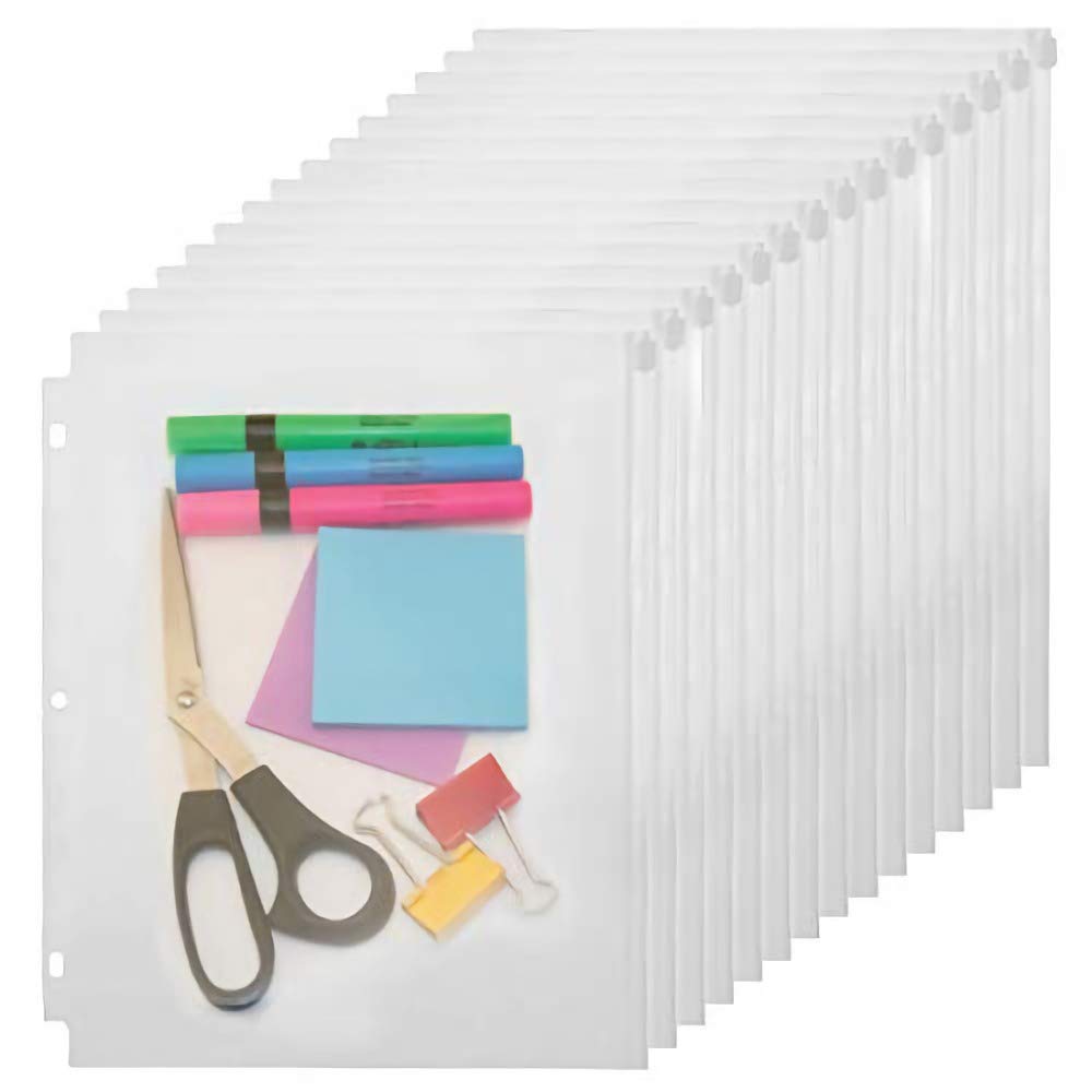 Yoeejob 3 Holes Clear Pvc Zipper Binder Pocket Insert Pages Letter Size, 8 1/2' X 11 Loose Leaf Binder Filing Storage Bags 15 P
