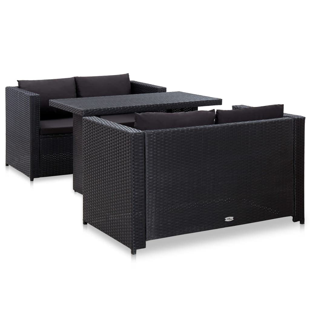 vidaXL 3 Piece Patio Lounge Set with Cushions Poly Rattan Black