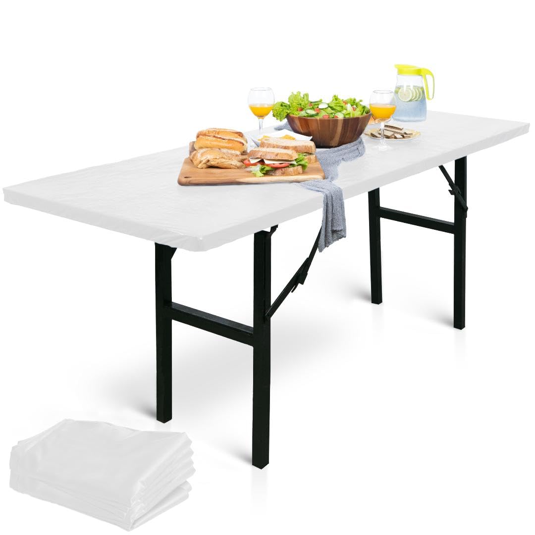 Linpro 5Pk Plastic Table Cloths Disposable For Parties 8Ft Picnic Table Covers With Elastic Fitted Camping Tablecloth Elastic Table Cover Rectangle White Tablecloth Waterproof Outdoor & Folding Tables