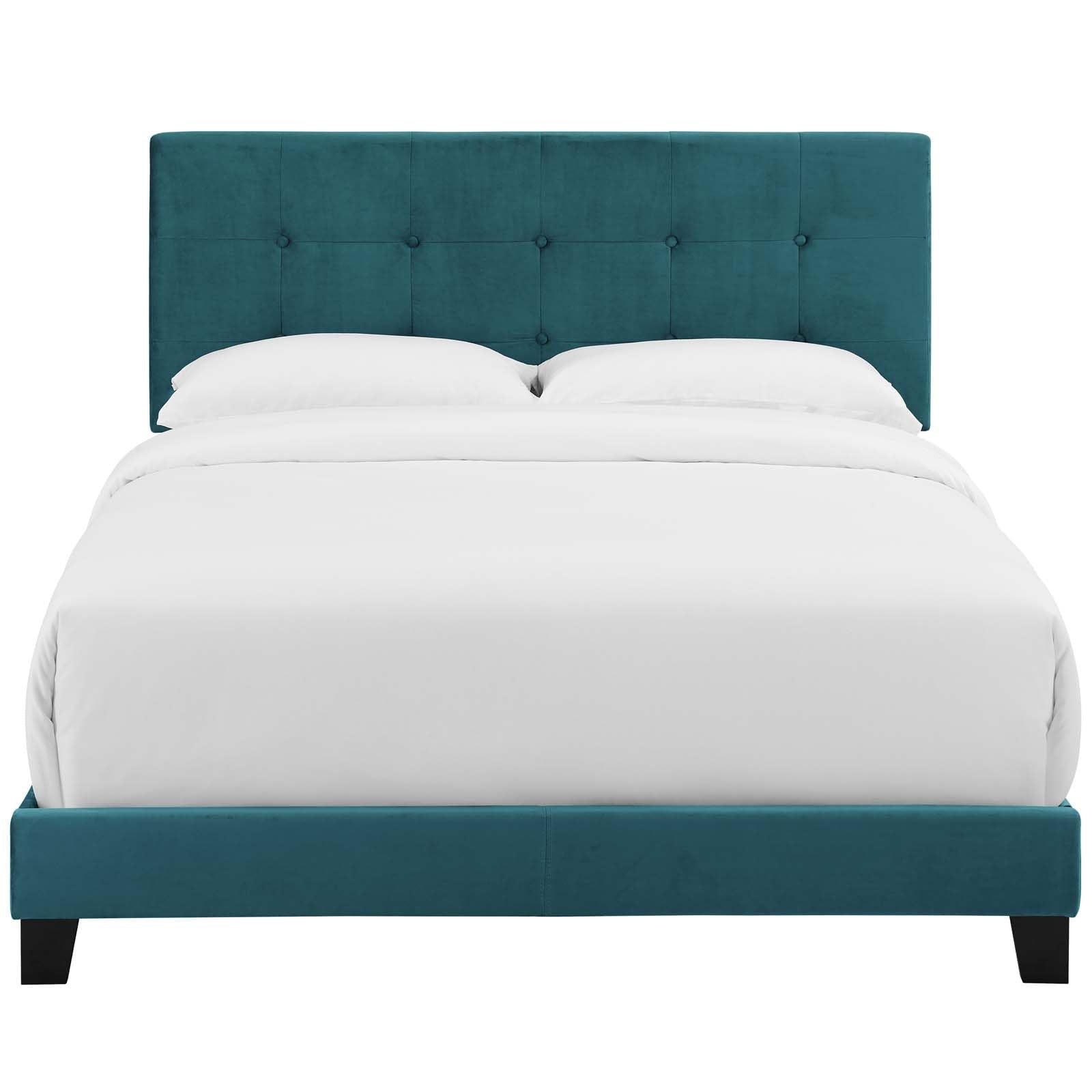 CasaFoyer Amira Performance Velvet Full Platform Bed | Chic & Comfortable | Stain-Resistant Fabric | Button-Tufted Headboard | Durable Wood Frame | Non-Marking Foot Caps | Reinforced Center Beams | Fits Various Mattresses | Elegant Bedroom Centerpiece