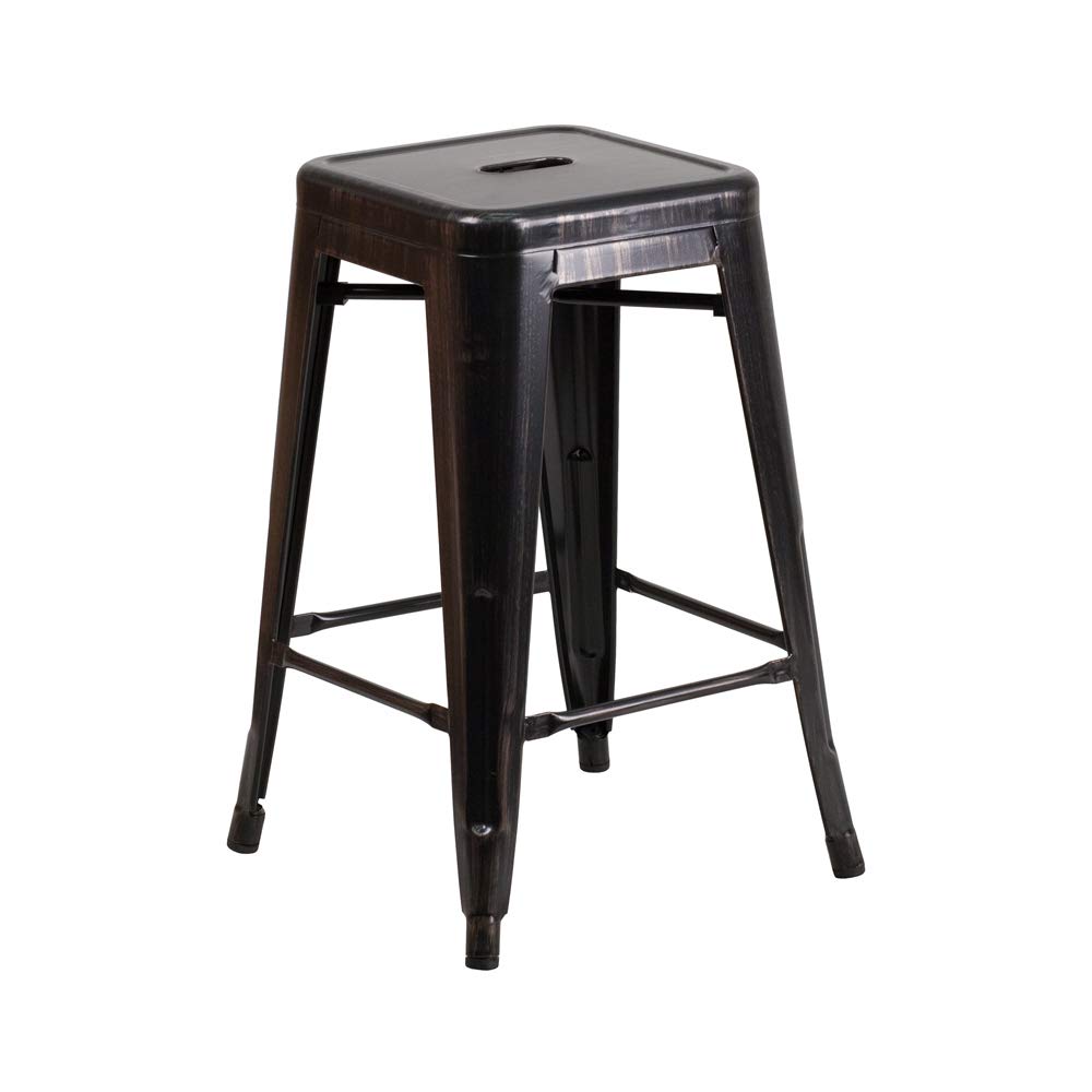 Flash Furniture Lily 4 Pack Commercial Grade 24 High Backless Black-Antique Gold Metal Indoor-Outdoor Counter Height Stool with 