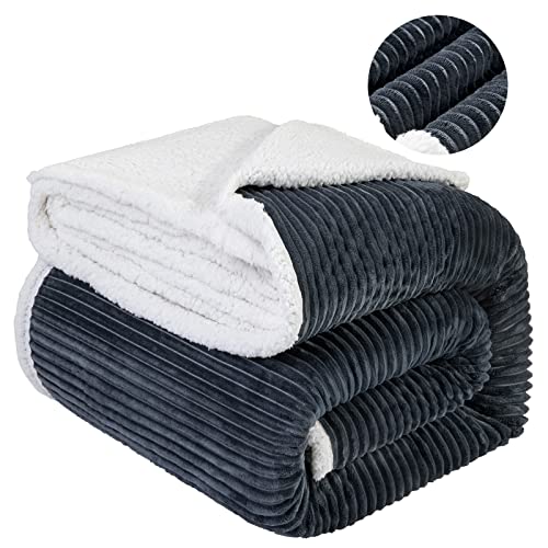 Lbro2M Striped Sherpa Fleece Bed Blanket Queen Size, Super Soft Fuzzy Plush Warm Cozy Fluffy Microfiber Couch Throw Velvet Double Reversible Luxurious Blankets (90X90), Dark Grey
