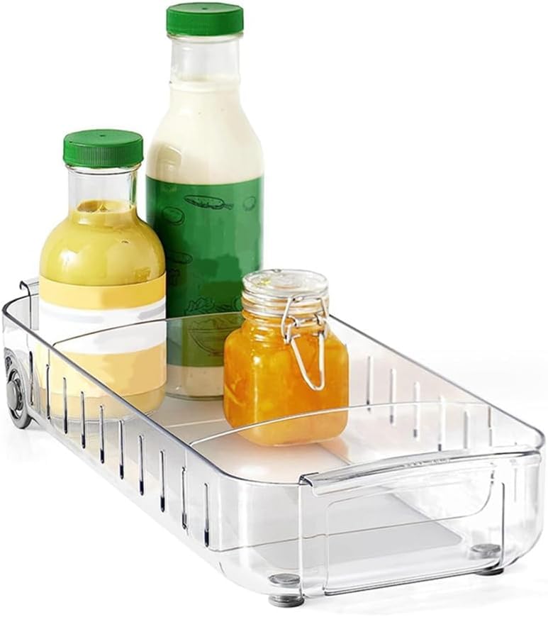 Rollout Fridge Caddy, Divided Pull Out Fridge Drawer Organizer Clear On Wheels Refrigerator Storage Bins For Veggie Pantry Snack
