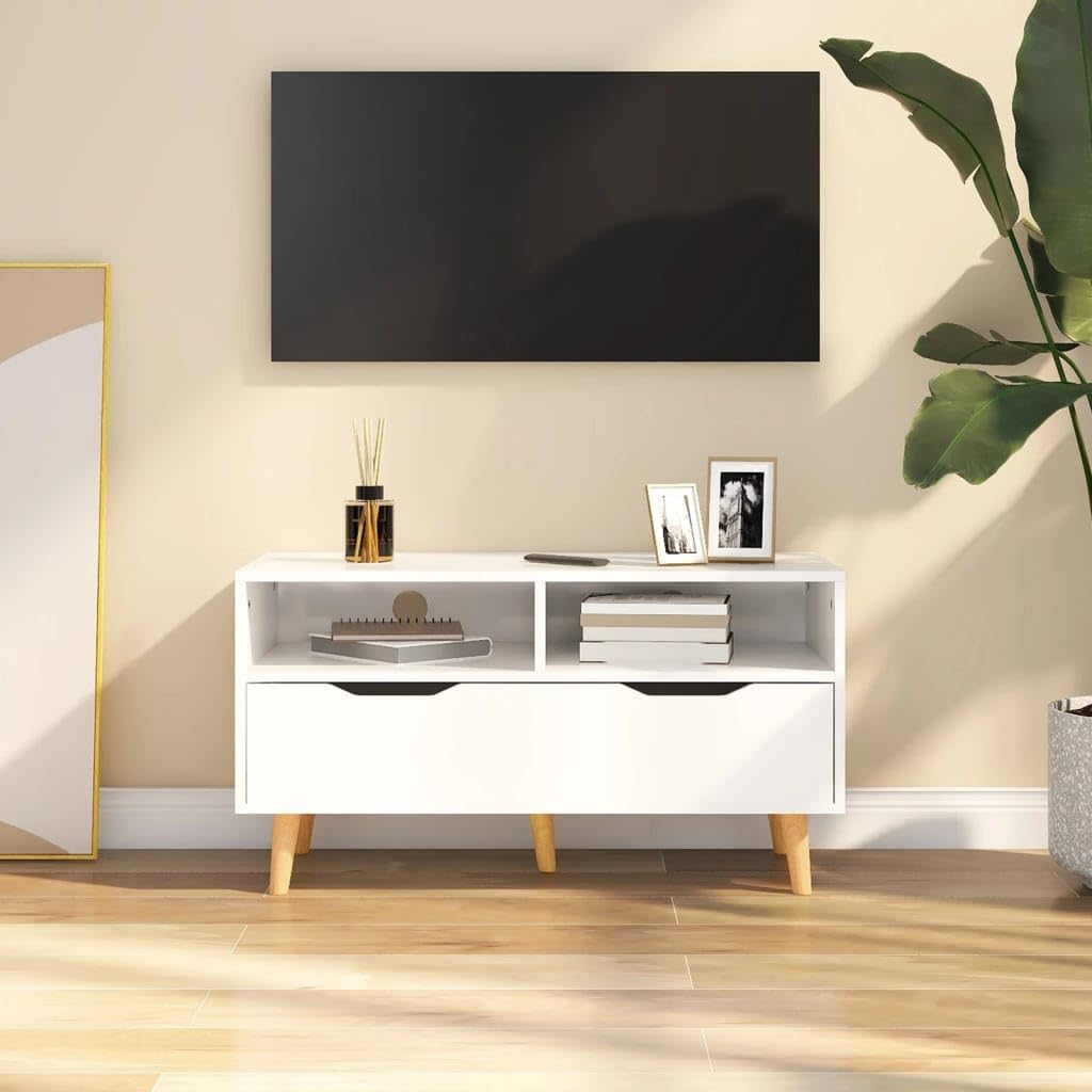 vidaXL Scandinavian Style TV Stand - High Gloss White, Modern Design Media Storage, Home Entertainment Unit, Practical Engineered Wood, Measures 35.4&quot;x15.7&quot;x19.1&quot;