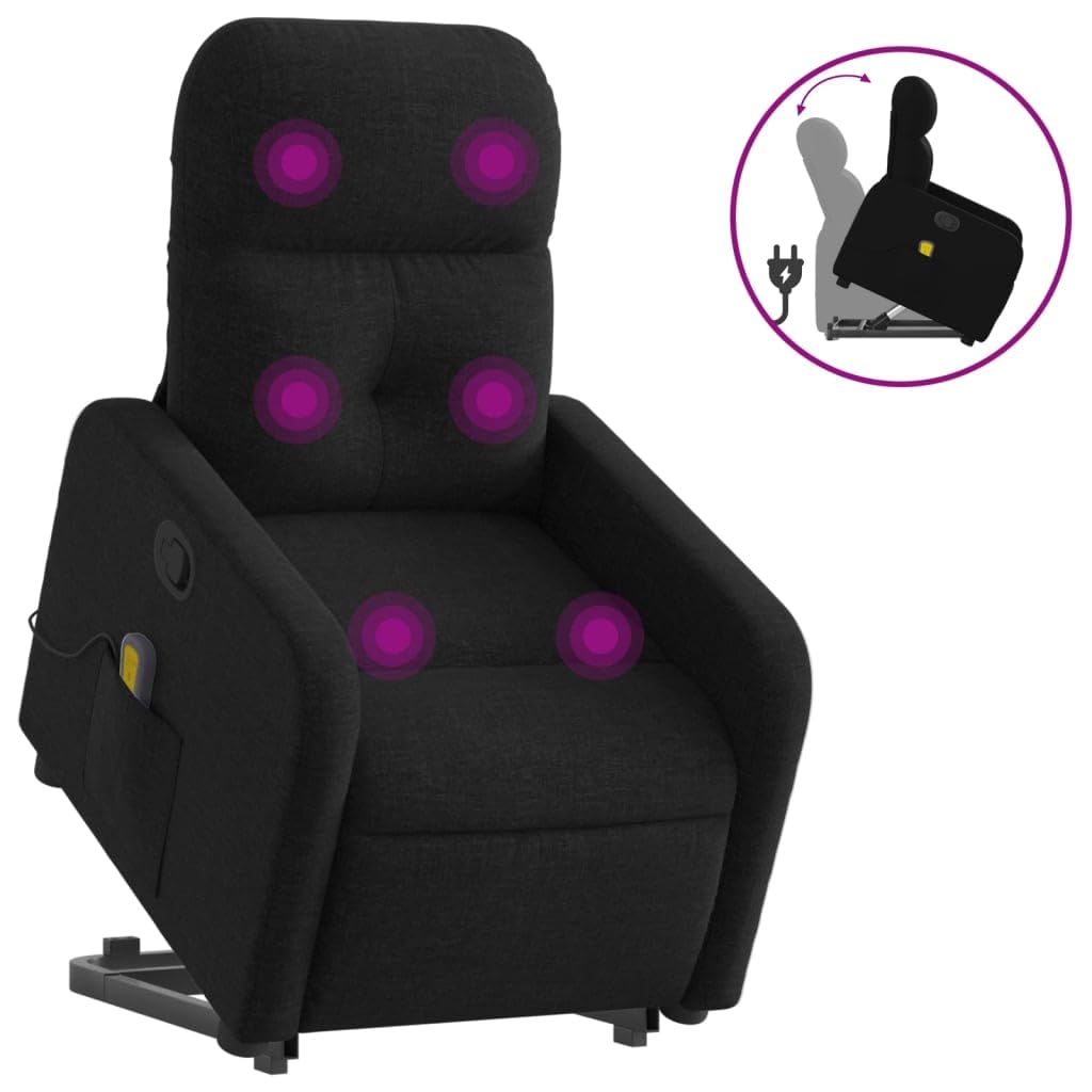 vidaXL Black Fabric Massage Power Lift Recliner Chair - Electric-Assisted Standing, Manual Reclining, Vibration Massage, Comfort Padding, and Side Pocket
