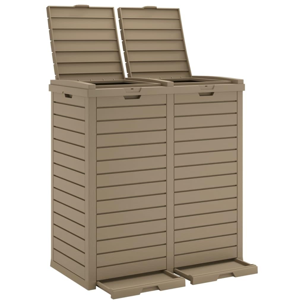 vidaXL Large Capacity Outdoor Garbage Bin with Double Lid Enclosure and Removable Fluid Trays, Imitation Wood Texture Design, Light Brown, Constructed with Durable Polypropylene