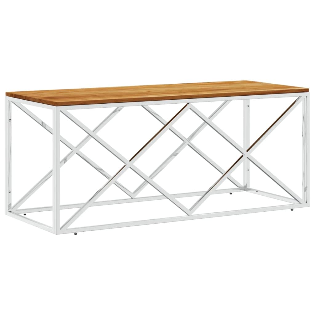 vidaXL Silver Stainless Steel/Solid Acacia Wood Console Table - Thumbnail 3