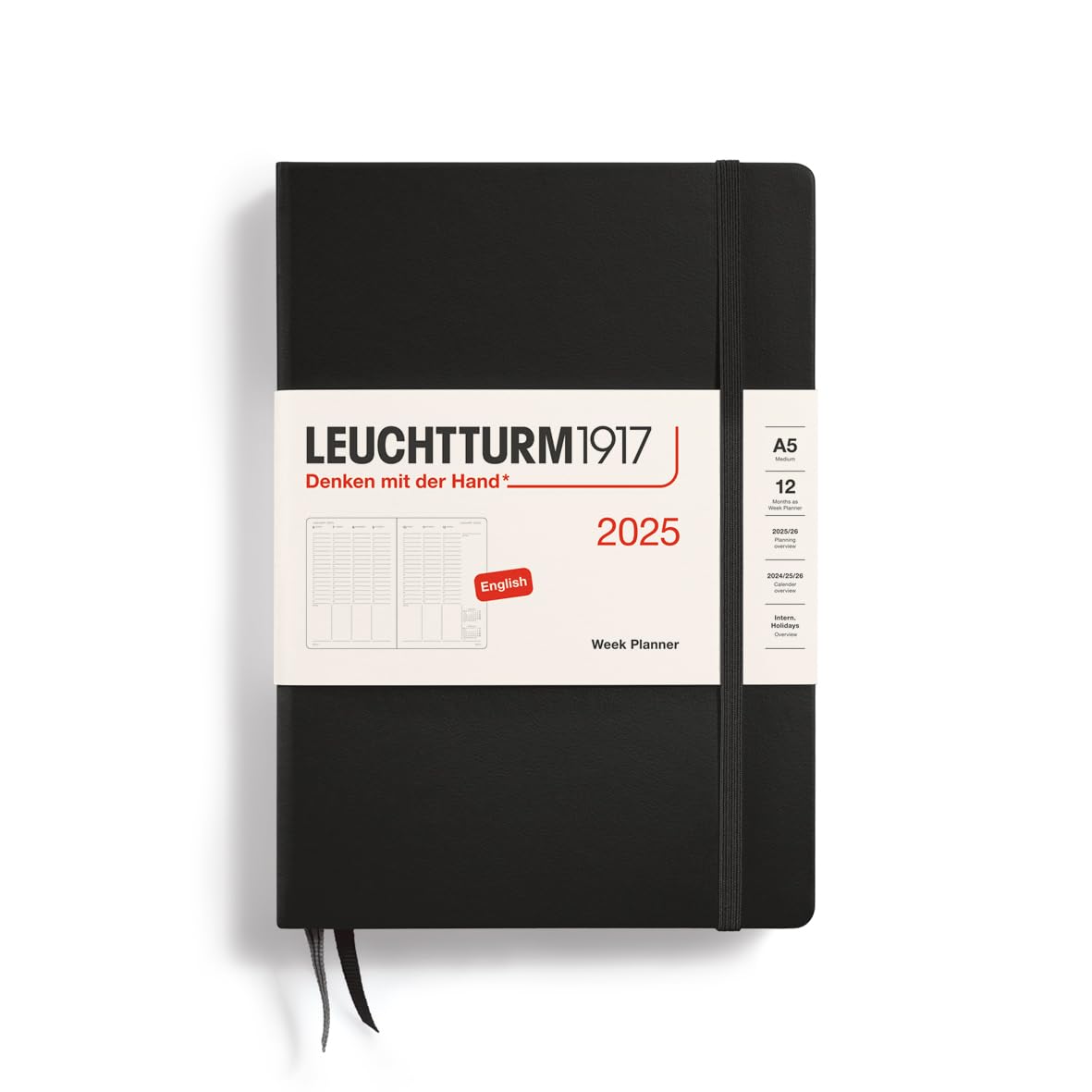 Leuchtturm1917 - Week Planner 2025, Hardcover, Medium (A5), Black (Jan 1 - Dec 31, 2025)