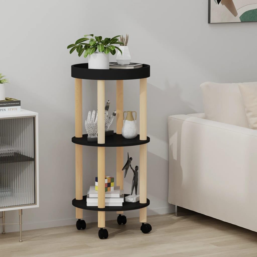vidaXL Scandinavian 3-Tier Trolley in Black – Engineered Wood and Solid Pinewood Trolley with Lockable Wheels and Ample Storage Space