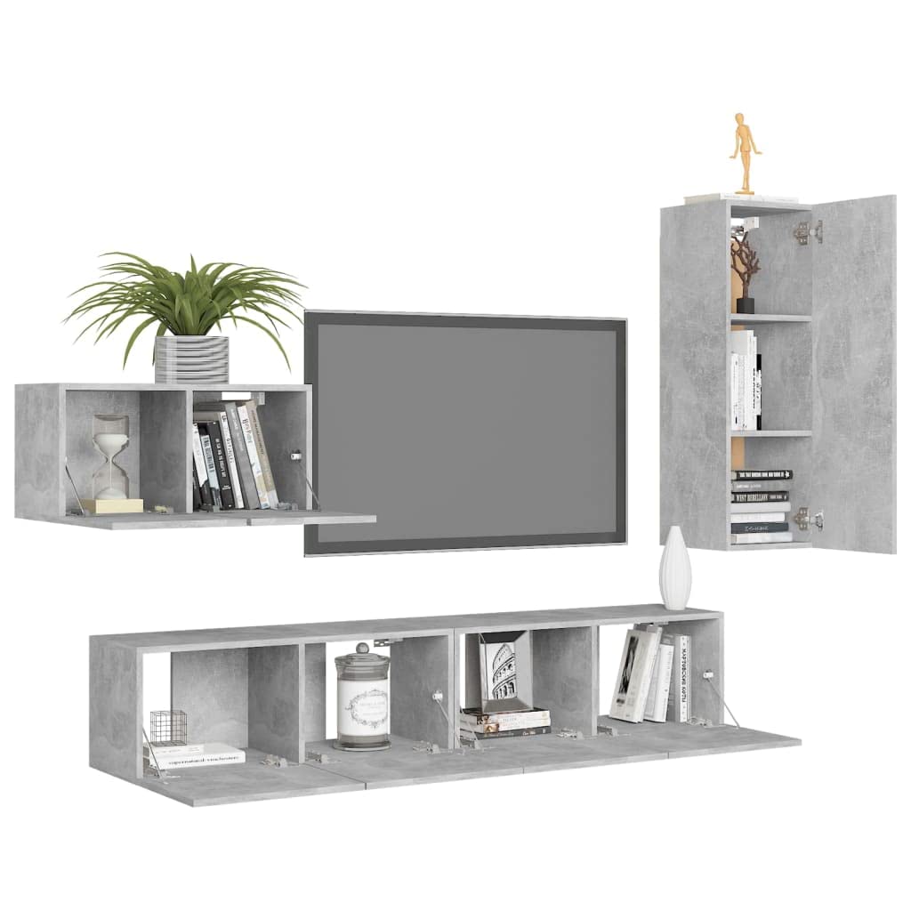 vidaXL TV Cabinet Set 4 Piece Home Living Room Furniture TV Stand HiFi Stereo Cabinet Media Unit Entertainment Center Concrete Gray Engineered Wood