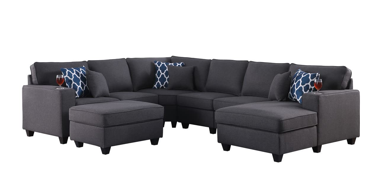 Lilola Home Cooper Dark Gray Linen 7Pc Modular Sectional Sofa Chaise with Ottoman and Cupholder