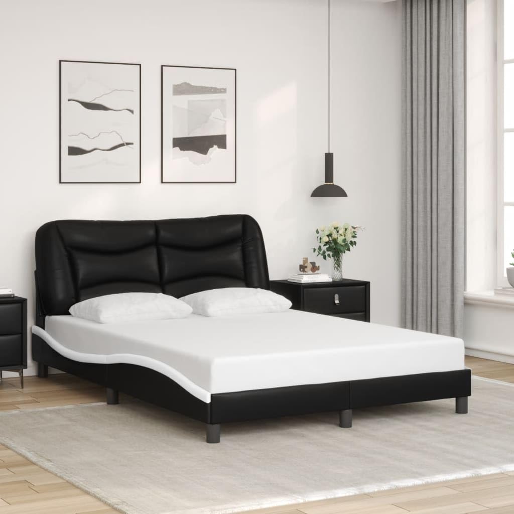vidaXL Faux Leather Full Bed Frame with Headboard - Black/White 53.9&quot;x74.8&quot; - Modern Double Bed with Plywood Slats & Stuffed Cushion