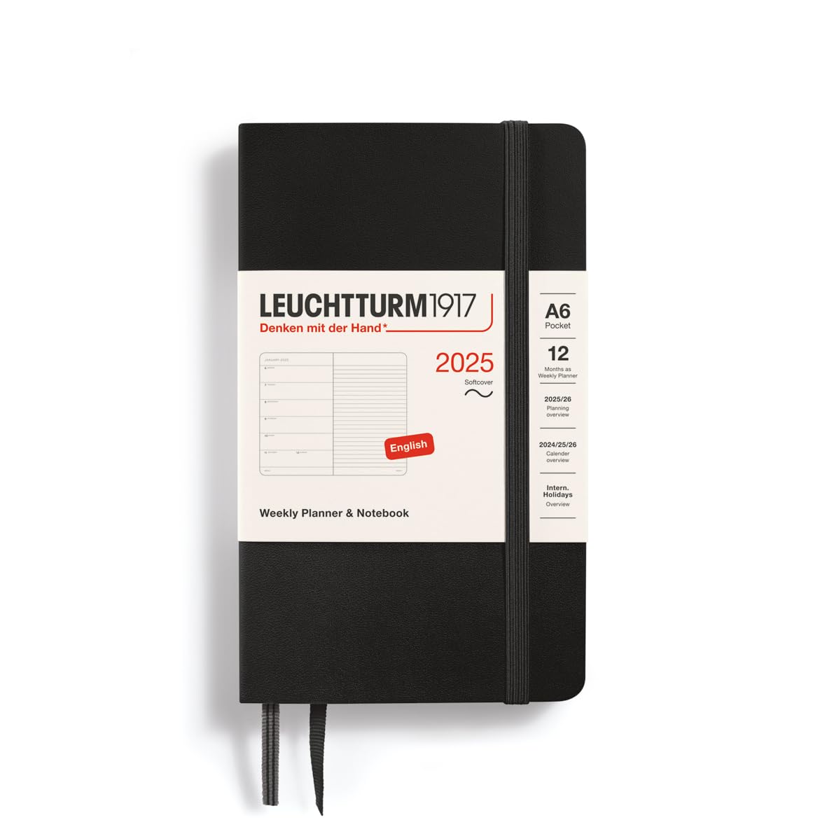 Leuchtturm1917 - Weekly Planner & Notebook 2025, Softcover, Pocket (A6), Black (Jan 1 - Dec 31, 2025)