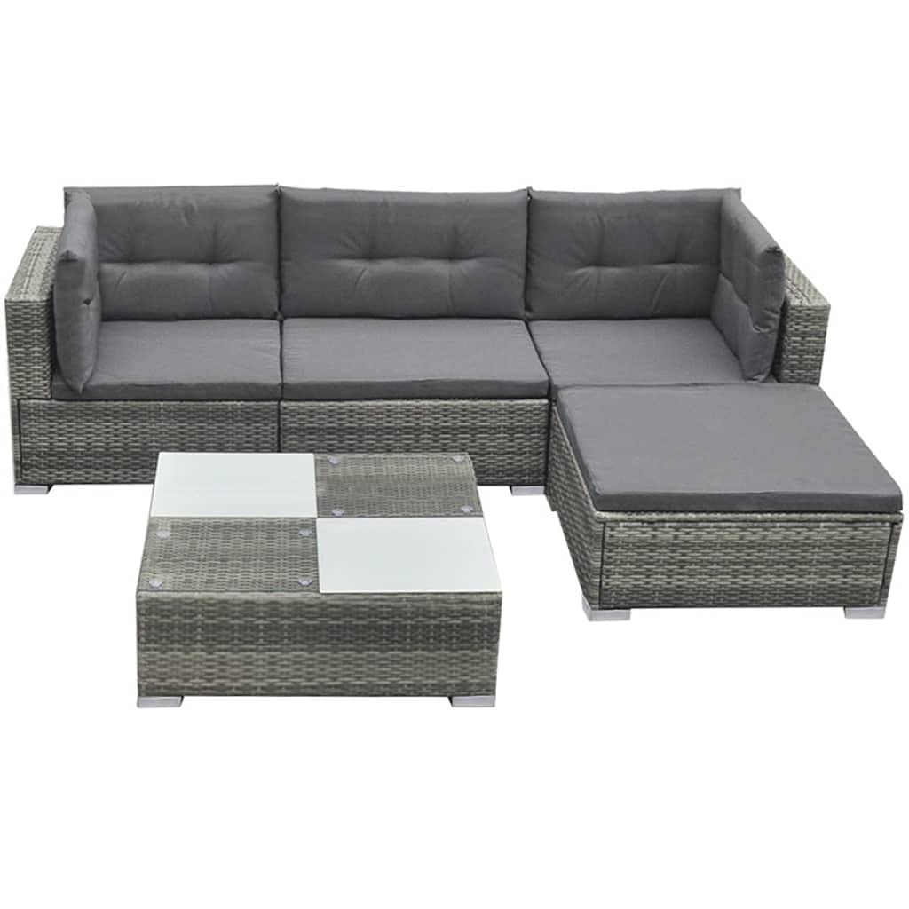 vidaXL 5-Piece Outdoor Patio Lounge Set - Modular, Weather-Resistant Poly Rattan - Includes Corner Sofas, Center Sofa, Footrest, Tea Table, and Cushions - Gray