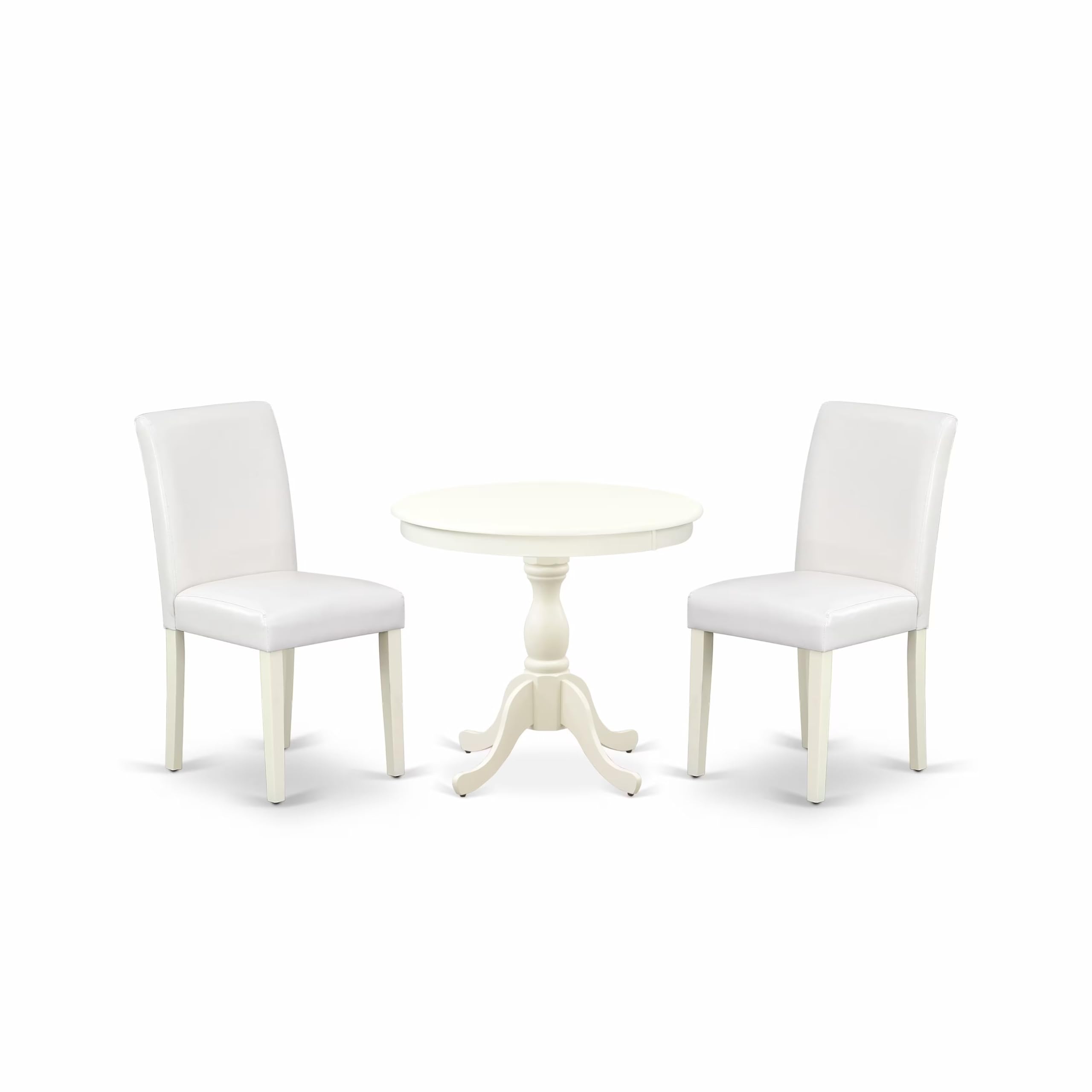 East West Furniture AMAB3-LWH-64 3 Piece Dining Room Furniture Set Contains a Round Kitchen Table with Pedestal and 2 White Faux Leather Parsons Dining Chairs, 36x36 Inch, Linen White