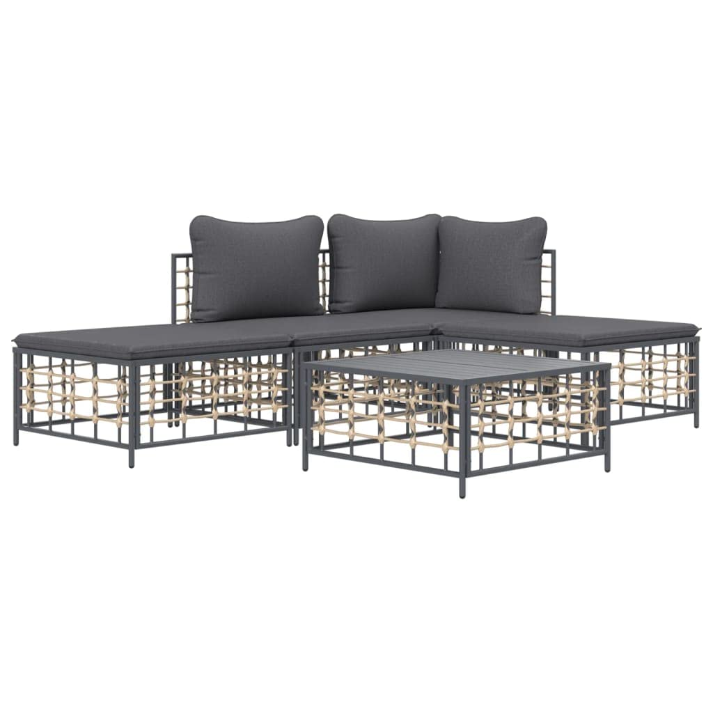 vidaXL 5-Piece Patio Lounge Set - Anthracite Poly Rattan - with Cushions and Footstool - Modular Design - Ideal for Outdoor Seat