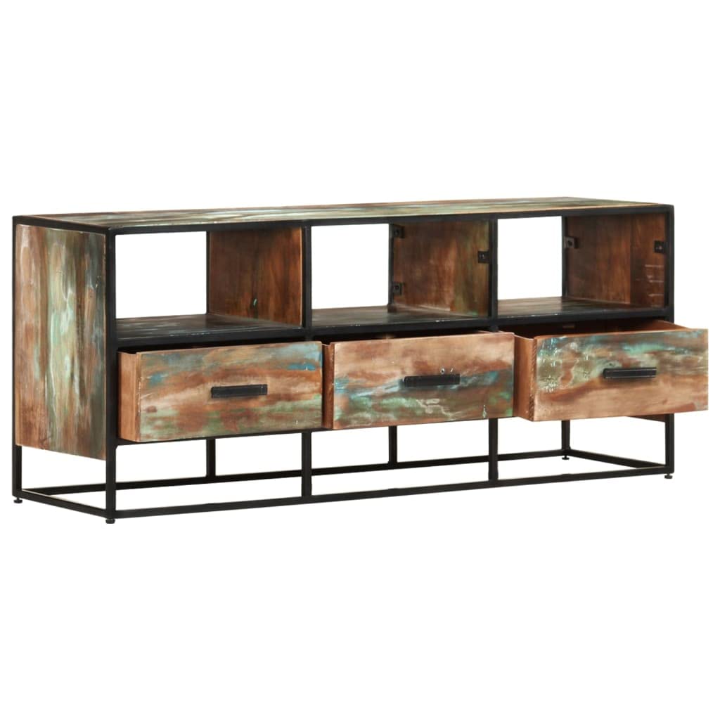 vidaXL Solid Reclaimed Wood TV Stand - Rustic, Industrial Style, 43.3&quot; x 11.8&quot; x 17.7&quot;, with 3 Drawers and 3 Shelves, Earth-Friendly, Handmade, Unique Colors, Stable and Sturdy
