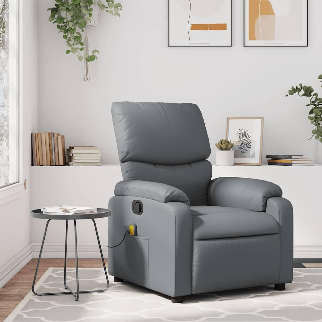 vidaXL Leather Massage Recliner Chair for Living Room, Home Theater, 6-Point Vibration Massage, Adjustable Back & Footrest, Side Pocket, Gray
