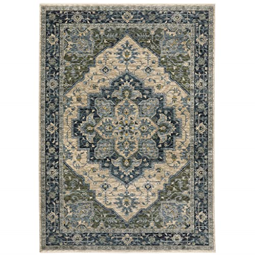 HomeRoots 508049 6 x 9 ft. Blue Gray Beige Tan Green & Gold Oriental Power Loom Stain Resistant Rectangle Area Rug with Fringe